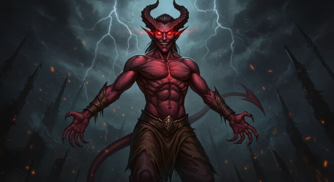 A menacing demon with horns and glowing eyes stands amidst a stormy landscape conjuring fear and - Powered by Adobe