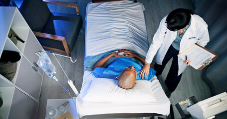 Medical, checkup and doctor with man in hospital for surgery recovery, healing or advice. Feedback,...