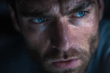 Fototapeta premium Man with intense fear in his eyes shows emotional struggle during a dramatic moment at night