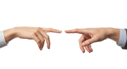 Two human hands (one delicate, one stronger) with outstretched fingers almost touching in the center, subtle corporate cuffs, on transparent studio background symbolizing connection, collaboration,