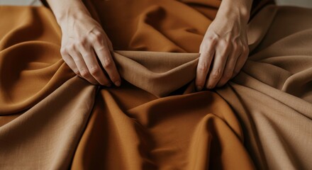 Artistic composition featuring hands delicately manipulating luxurious fabric textures
