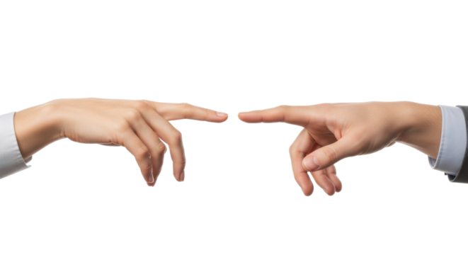 Two human hands (one delicate, one stronger) with outstretched fingers almost touching in the center, subtle corporate cuffs, on transparent studio background symbolizing connection, collaboration,