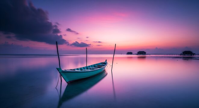 Serene boat on calm water reflecting vibrant purple sunset hues