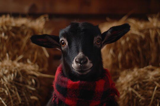 Cheerful goat wearing warm scarf surrounded by hay, radiating ho
