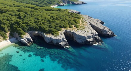 Aerial view of lush green coastline, white cliffs, clear blue sea