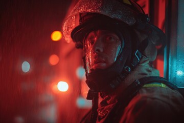 Fireman stands vigilant in urban emergency scene during rainy night, ready for action and responding to critical situation