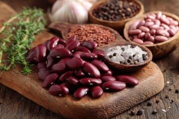 Fresh ingredients on a cutting board with healthy beans and spices ready for cooking in a cozy kitchen setting