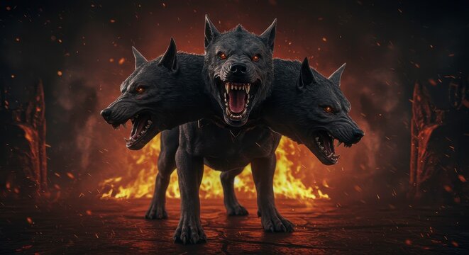 Cerberus, the mythical three-headed dog guarding the gates of the underworld
