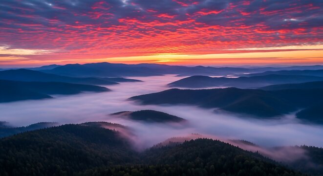 Red sunrise over misty forest valleys, dramatic sky above peaks