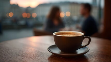 Fototapeta premium A steaming cup of coffee rests on a wooden table with blurred figures and bokeh lights creating a cozy atmosphere at dawn or dusk