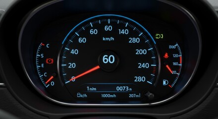 Close-up view of a modern car dashboard speedometer displaying speed and fuel level accurately