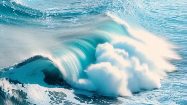 Dynamic waves clash in a tumultuous ocean against a deep blue background during a stormy afternoon near the shoreline