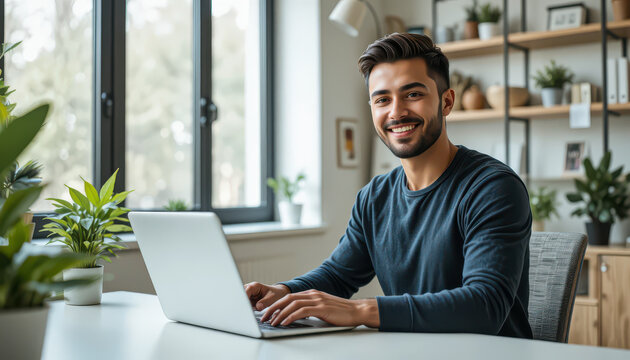 Young man working on laptop in bright modern home office with natural light plants and clean minimal decor creating a productive remote work environment focused on creativity technology and comfortabl - Powered by Adobe