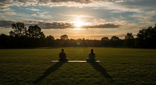 Couple meditating in a serene park at sunset fostering mindfulness and connection - Powered by Adobe