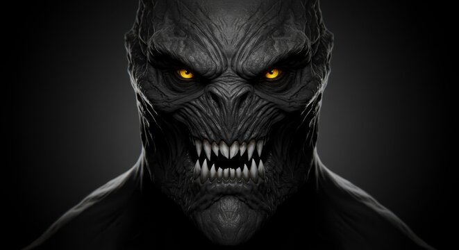 Dark creature with sharp teeth and glowing eyes in a sinister portrait style