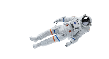 A solitary astronaut in a pristine, futuristic white space suit with a dark reflective visor and orange accents, floating horizontally against a transparent studio background. Concept of future