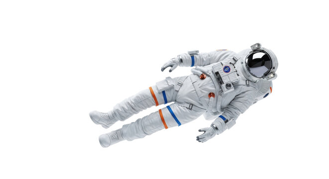 A solitary astronaut in a pristine, futuristic white space suit with a dark reflective visor and orange accents, floating horizontally against a transparent studio background. Concept of future
