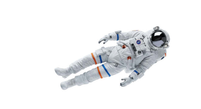 A solitary astronaut in a pristine, futuristic white space suit with a dark reflective visor and orange accents, floating horizontally against a transparent studio background. Concept of future