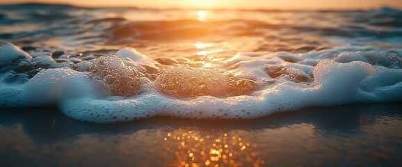 Golden Sunset on the Shore Waves Crashing with Foam  Sun Reflection Coastal Bliss.