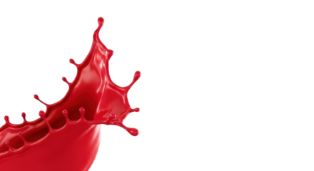 A dynamic, vibrant pure red (#E02020) abstract liquid splash, intricately formed into a 3D sculptural shape, frozen mid-action against a stark white background Concept of energetic transformation and