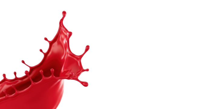 A dynamic, vibrant pure red (#E02020) abstract liquid splash, intricately formed into a 3D sculptural shape, frozen mid-action against a stark white background Concept of energetic transformation and