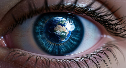 Naklejka premium Humanity's vision The majestic Earth vividly reflected within a beautiful blue eye, symbolizing global awareness