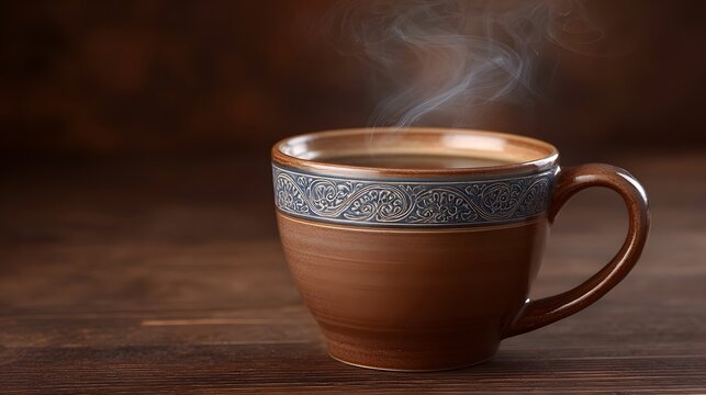 A steaming cup of hot coffee sits on a rustic wooden table exuding warmth and comfort
