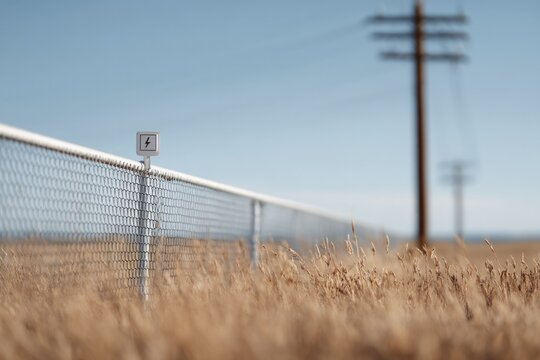 Endless field meets fence under vast blue sky, poles stand tall - Powered by Adobe