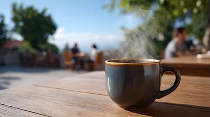 Obraz premium Steaming coffee in a ceramic cup on a wooden table at a sunny outdoor cafe with blurred people and green foliage against a blue sky