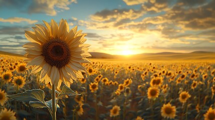 Golden Sunset over a Sunflower Field  Natures Beauty  Serenity.