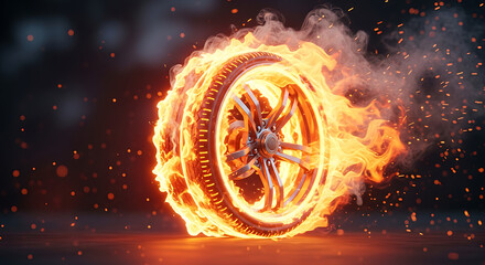 Vivid digitally generated image of a blazing wheel, showcasing intense performance and fiery energy