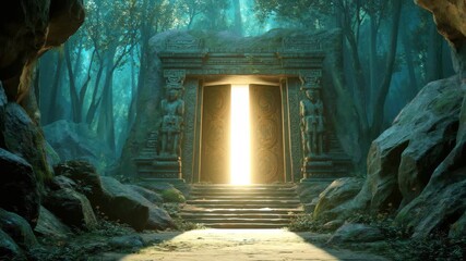 Fantasy temple gate in underground setting surrounded by ancient trees and glowing light at the entrance - Powered by Adobe