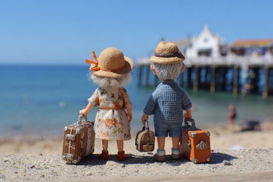 Senior citizens enjoying a seaside holiday with luggage at a sunny beach location near a pier during bright daylight - Powered by Adobe