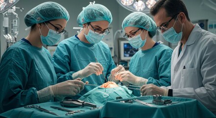 Medical team performing surgery in operating room wearing protective uniforms and masks