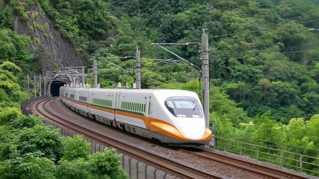 High speed train emerges from lush mountain tunnel, a modern travel experience, 4K