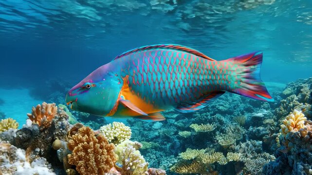 Vibrant parrotfish swimming gracefully near colorful coral reef in tropical waters, showcasing the beauty of marine life and underwater ecosystems