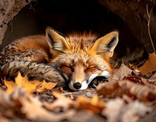 Red Fox sleeping peacefully inside a cozy den filled with leaves