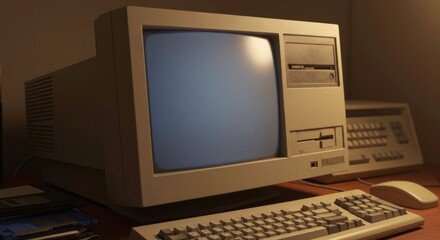 Retro computer setup showcasing vintage technology with keyboard and monitor nostalgia