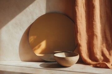 Sunlight casts gentle shadows on earthy bowls, enhancing warm, t