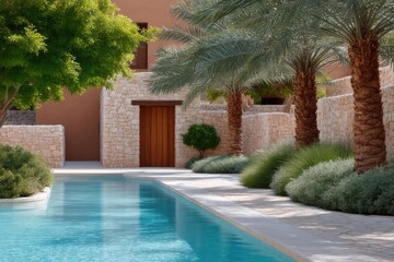 Tranquil poolside oasis surrounded by lush greenery and elegant