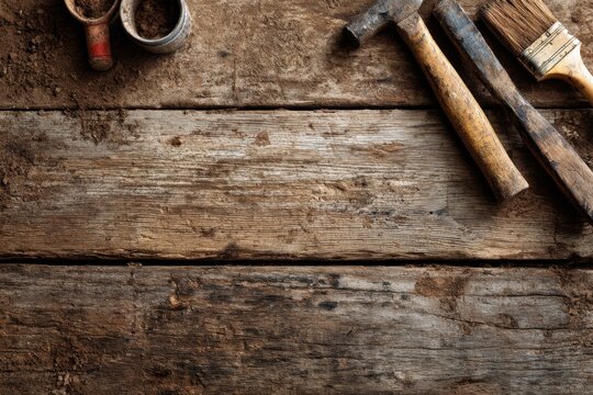 Worn wooden plank with dirty tools ready for home improvement projects in a workshop or garage setting