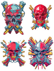 Obraz premium Vibrant skull illustrations surrounded by guns and bullets. Bold weapon themed artwork with dramatic neon colors, fierce expressions, and intense battle energy.