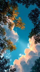 Sunlit Sky with Fluffy Clouds and Tree Branches in Bright Afternoon Light