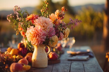 Vibrant floral arrangement enhances rustic dining table, creatin