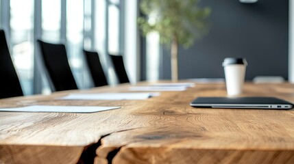 A modern conference room setting with a large wooden table, chairs, a laptop, and a coffee cup, suggesting a business meeting or workspace.