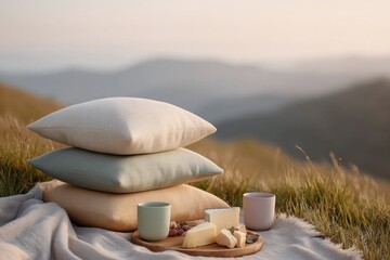 Soft pillows arranged on blanket with artisan snacks, set agains