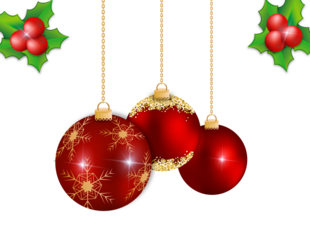 Festive red christmas ornaments with golden glitter patterns hang from chains against a dark background with holly sprigs