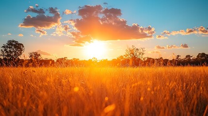 Golden sunset over dry savanna field with serene landscape nature, and dramatic sky clouds.