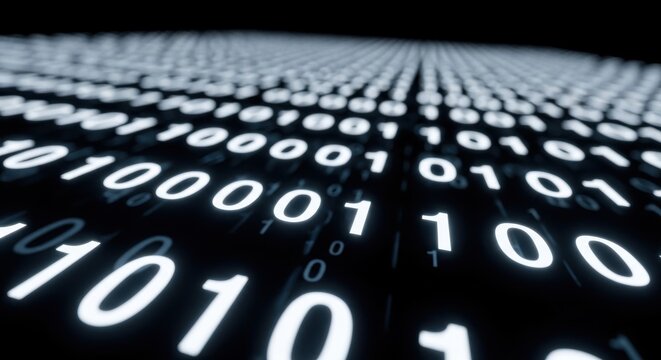 Binary code background with glowing digits, representing data and technology