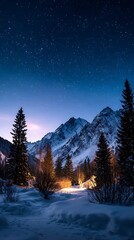 Snowy Mountain Landscape Under Starry Night Sky with Pine Trees and Illuminated Path